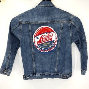 Lucky Brand Totally Lucky Boyfriend Trucker Jacket Women Sz L Logo Oversized